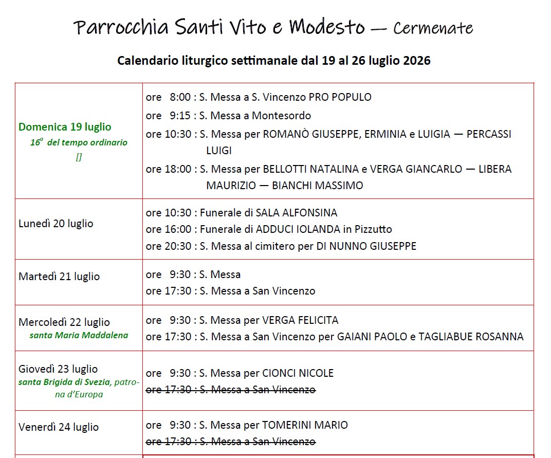 Calendario Liturgico (19-26 luglio)