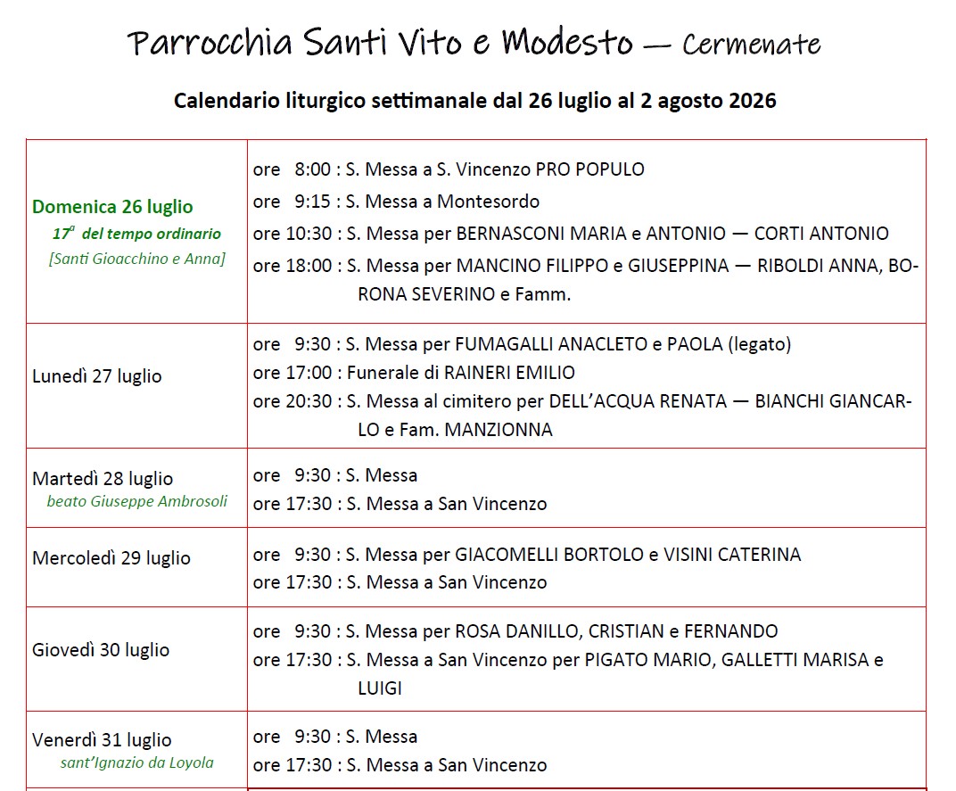 Calendario Liturgico (26-02 agosto)