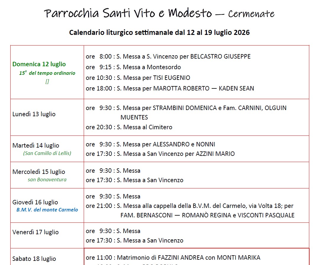 Calendario Liturgico (12-19 luglio)