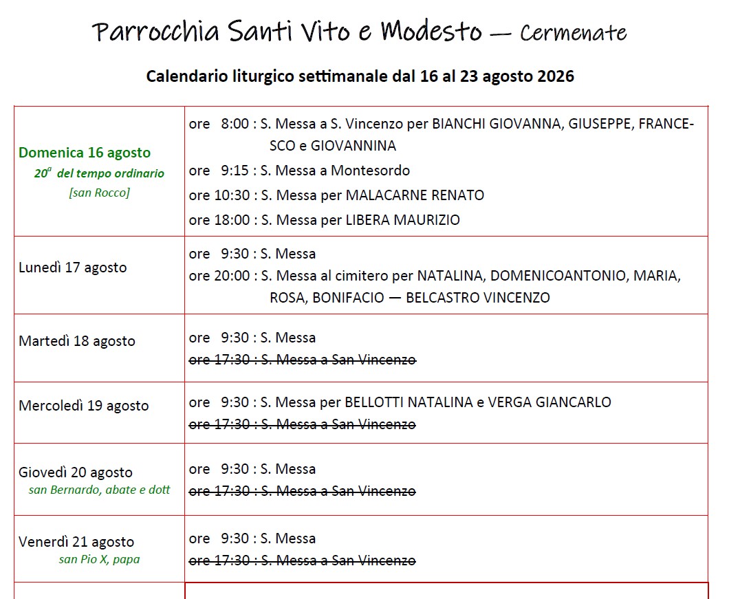 Calendario Liturgico (16-23 agosto)