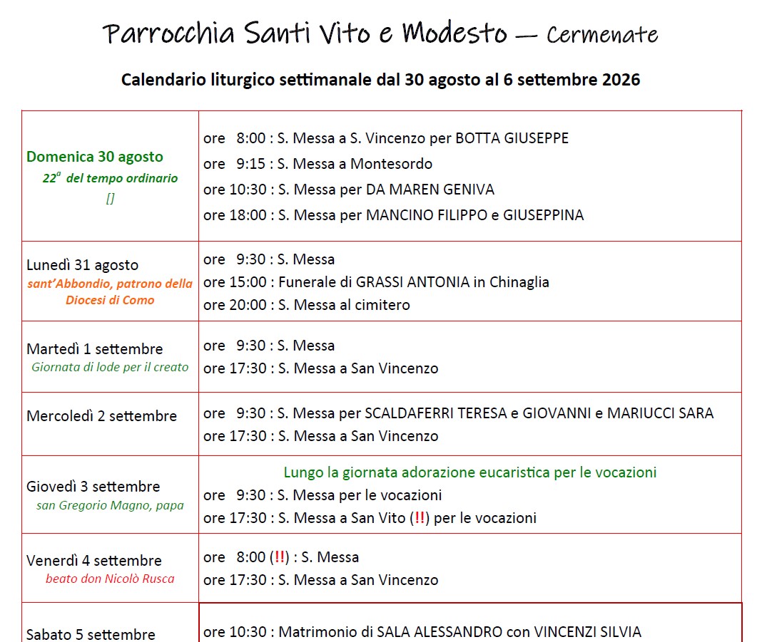 Calendario Liturgico (30-6 settembre)