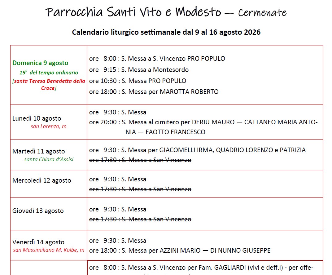 Calendario Liturgico (9-16 agosto)