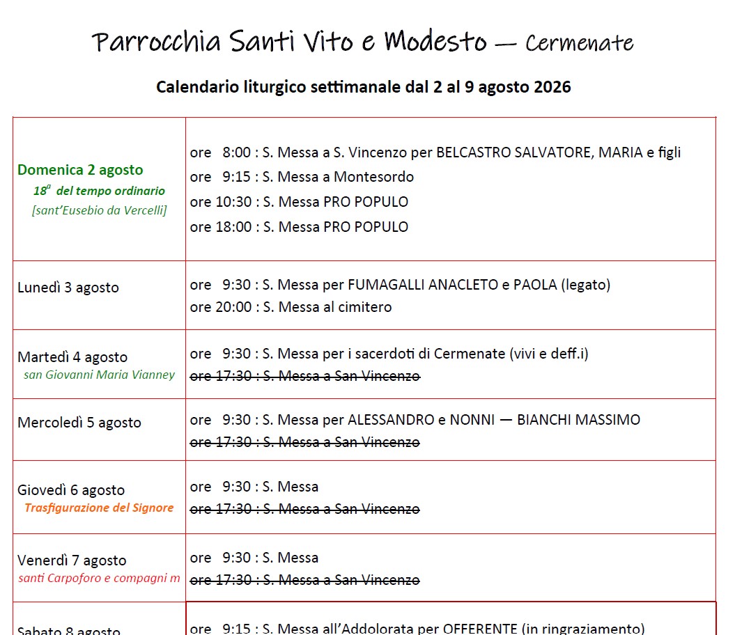 Calendario Liturgico (2-9 agosto)