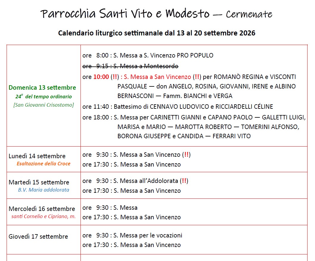 Calendario Liturgico (13-20 settembre)