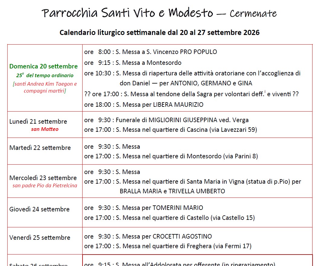 Calendario Liturgico (20-27 settembre)