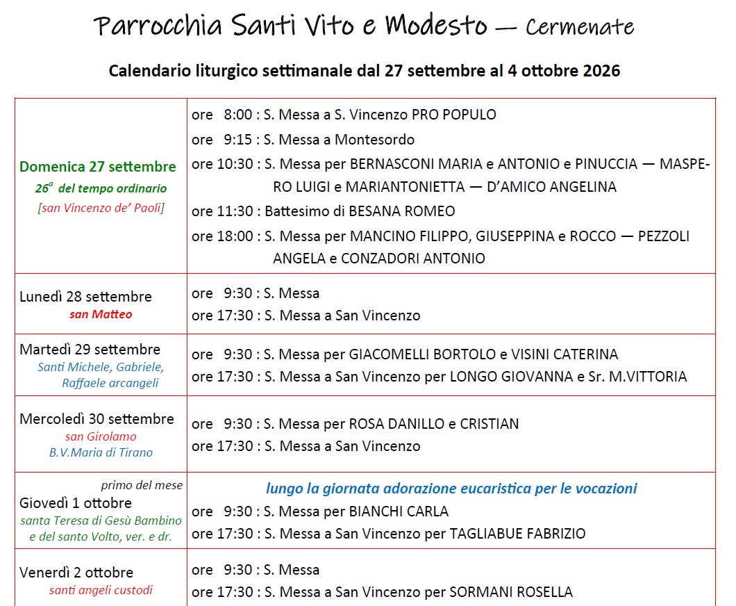 Calendario Liturgico (27-4 ottobre)