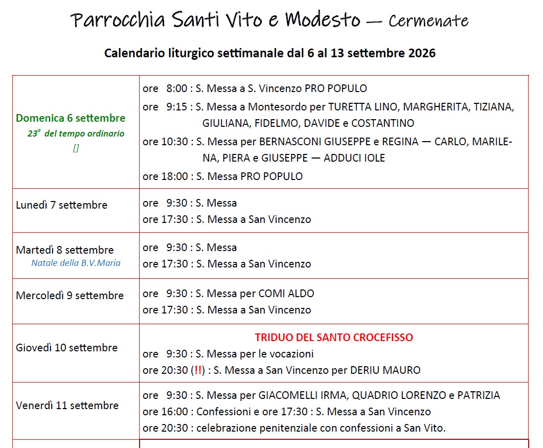 Calendario Liturgico (6-13 settembre)