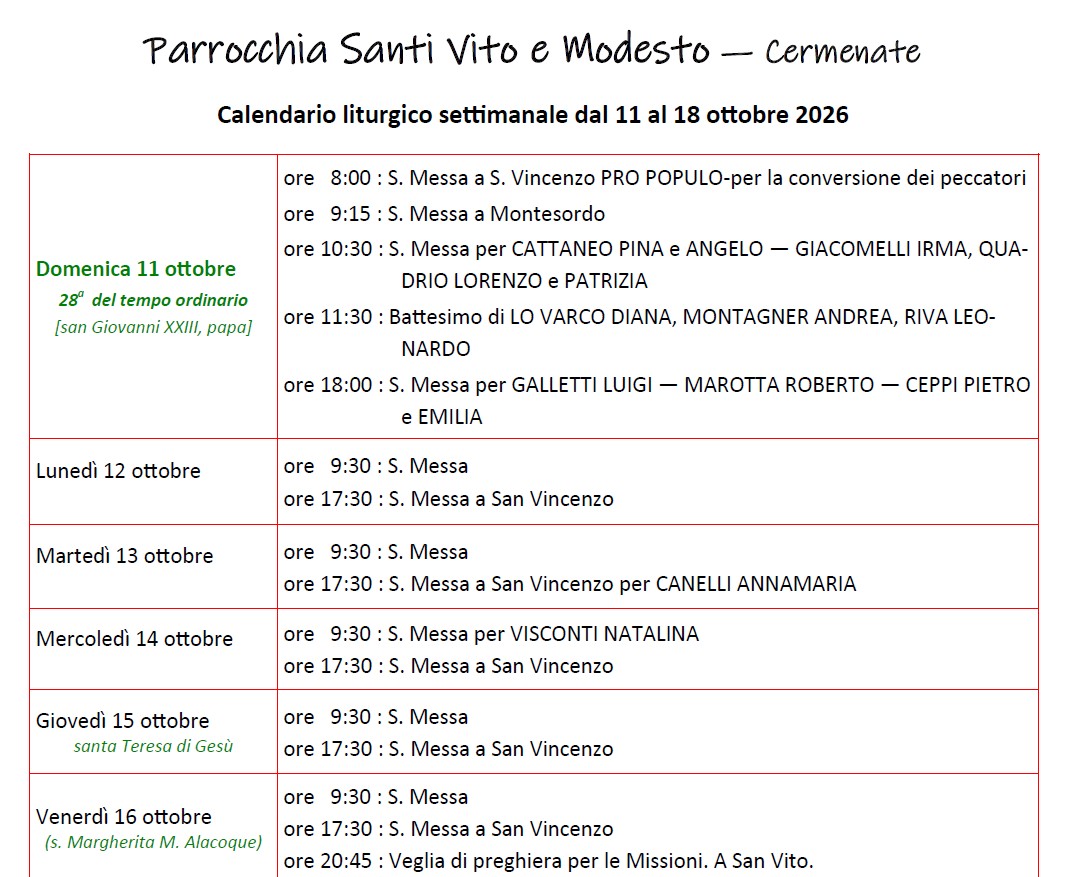 Calendario Liturgico (11-18 ottobre)