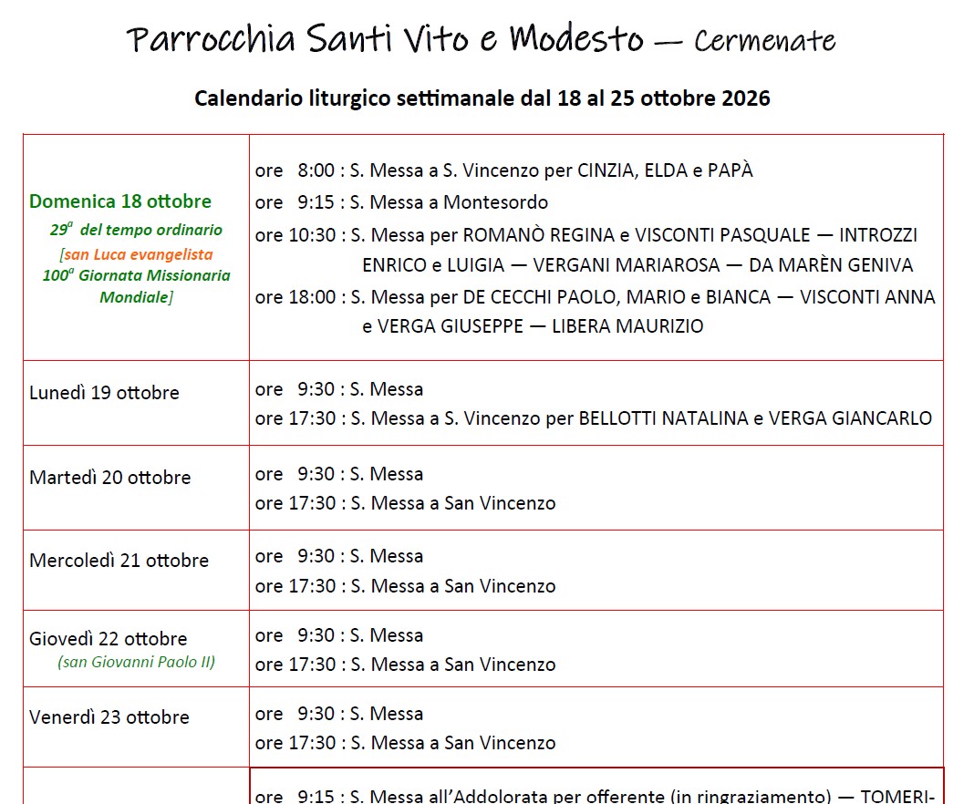 Calendario Liturgico (18-25 ottobre)