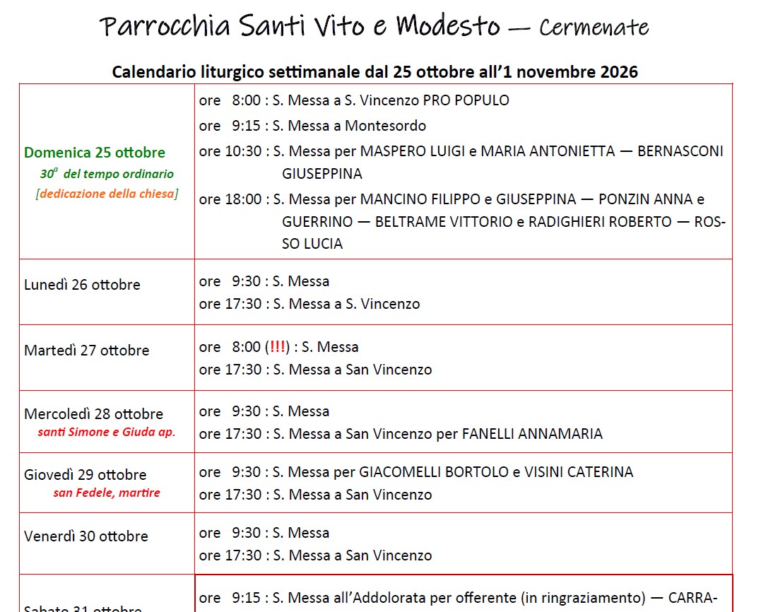 Calendario Liturgico (25-1 novembre)