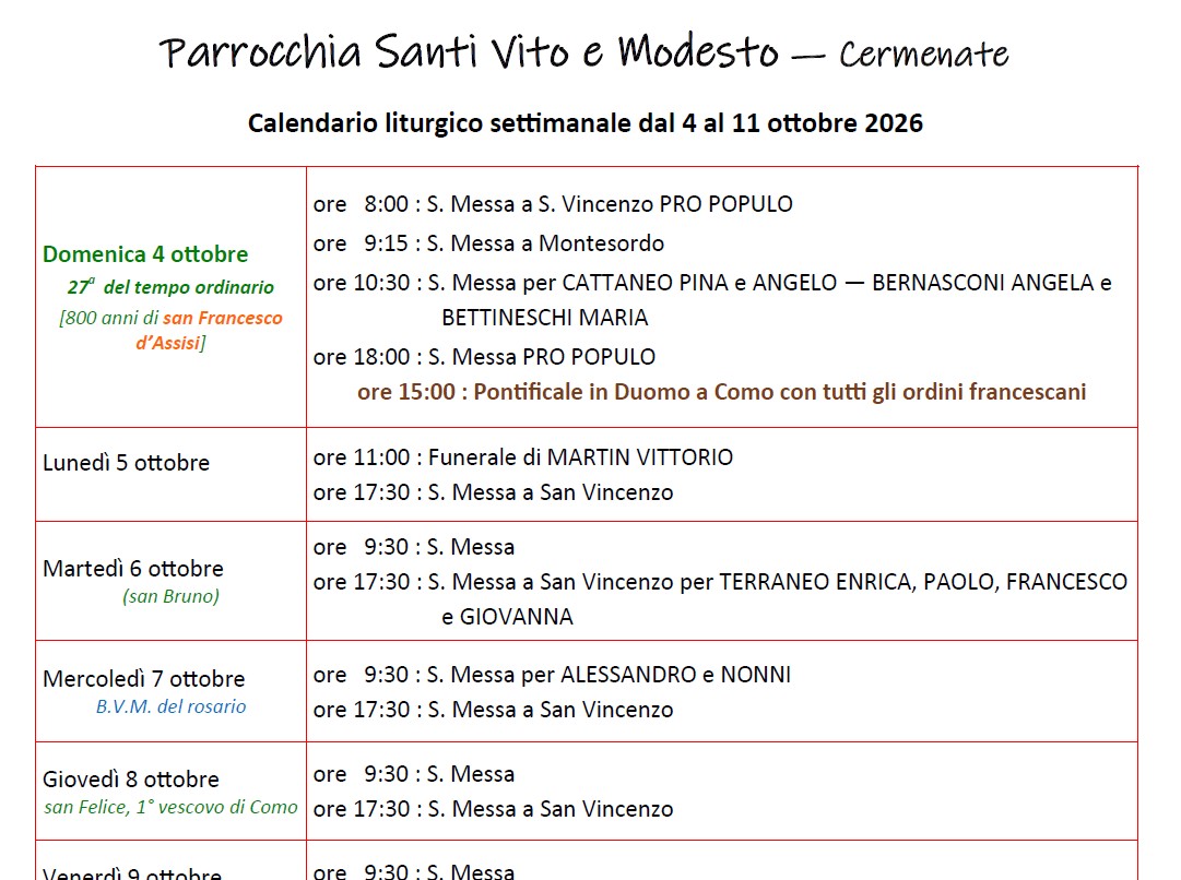 Calendario Liturgico (4-11 ottobre)